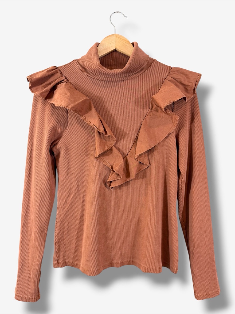 Veronica Beard Brown Ruffle Turtleneck Top Size M Ribbed Knit Long Sleeve Casual